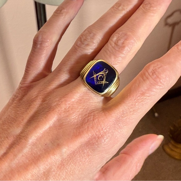 Vintage 1940’ Art deco Gold Fill cobalt Blue Glass Mason Signet Ring - Picture 12 of 16